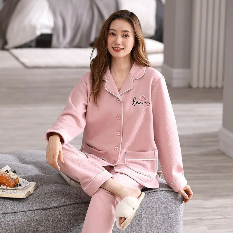 2023 New Autumn Winter Women's Pajamas Three Layers Pure Cotton Thickened Warm Air Cotton Interlayer Thin Cotton Set Homewear