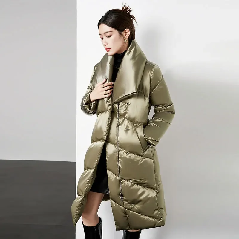Down jacket long solid color loose waist thick warm lapels high-end fashion glossy white duck down ladies coat.
