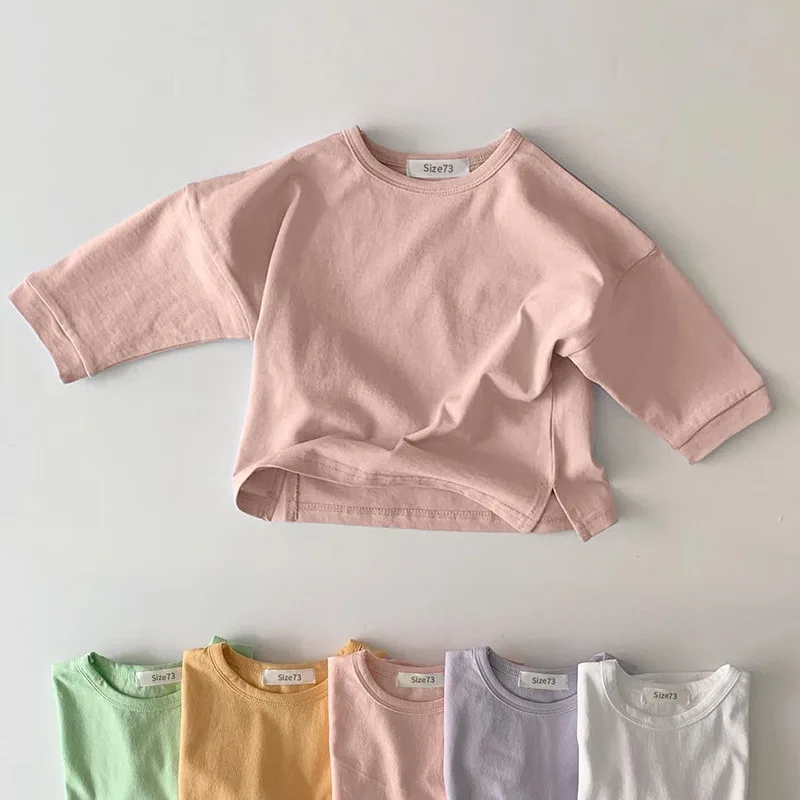 0-4Y New Baby Shirt Korean Infants Young Children's Long Sleeved Base T-shirt Candy Color Cotton Boys Girls Round Neck Tops