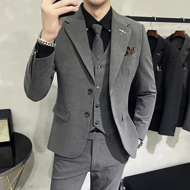 ( Jacket + Vest + Pants ) High-end Brand Boutique Fashion Solid Color Mens Casual Business Suit 3Piece Set Groom Wedding Dress - medium grey 2buttons, Asia 7XL (EUR 4XL)