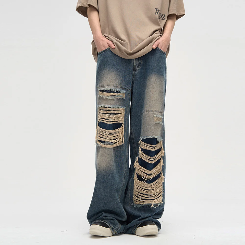 Men's Ripped Black Jeans Harajuku Wide Leg Pants Denim Baggy Y2K Cargo Pants Streetwear Koean Style Clothes Gothic