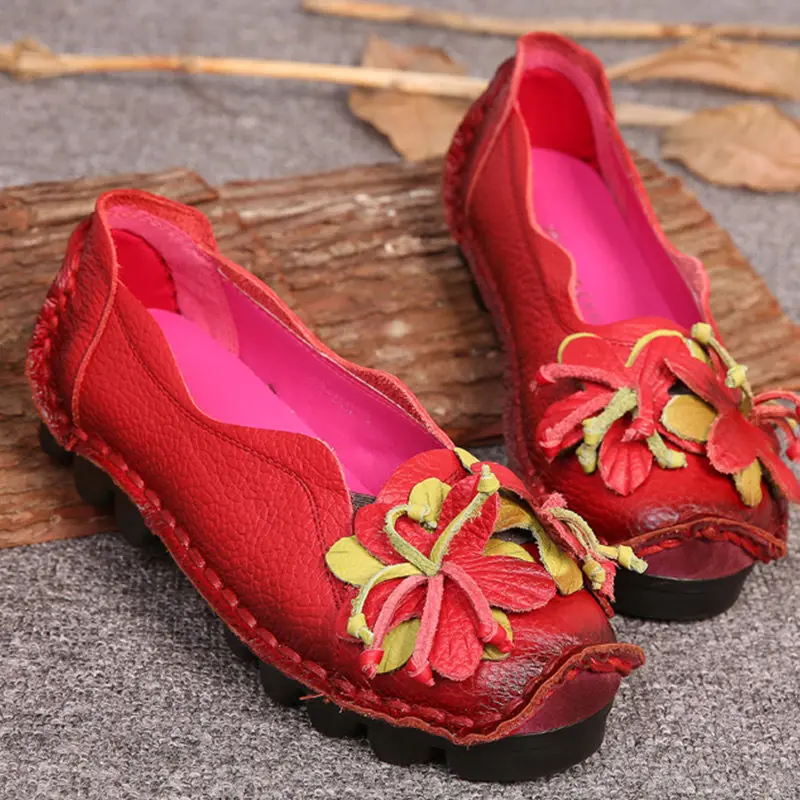 2024 Summer Genuine Leather Flats Women Soft Slip-On Flat Shoes Black Red Floral Mom Loafers Moccasin Lady Designer Shoes
