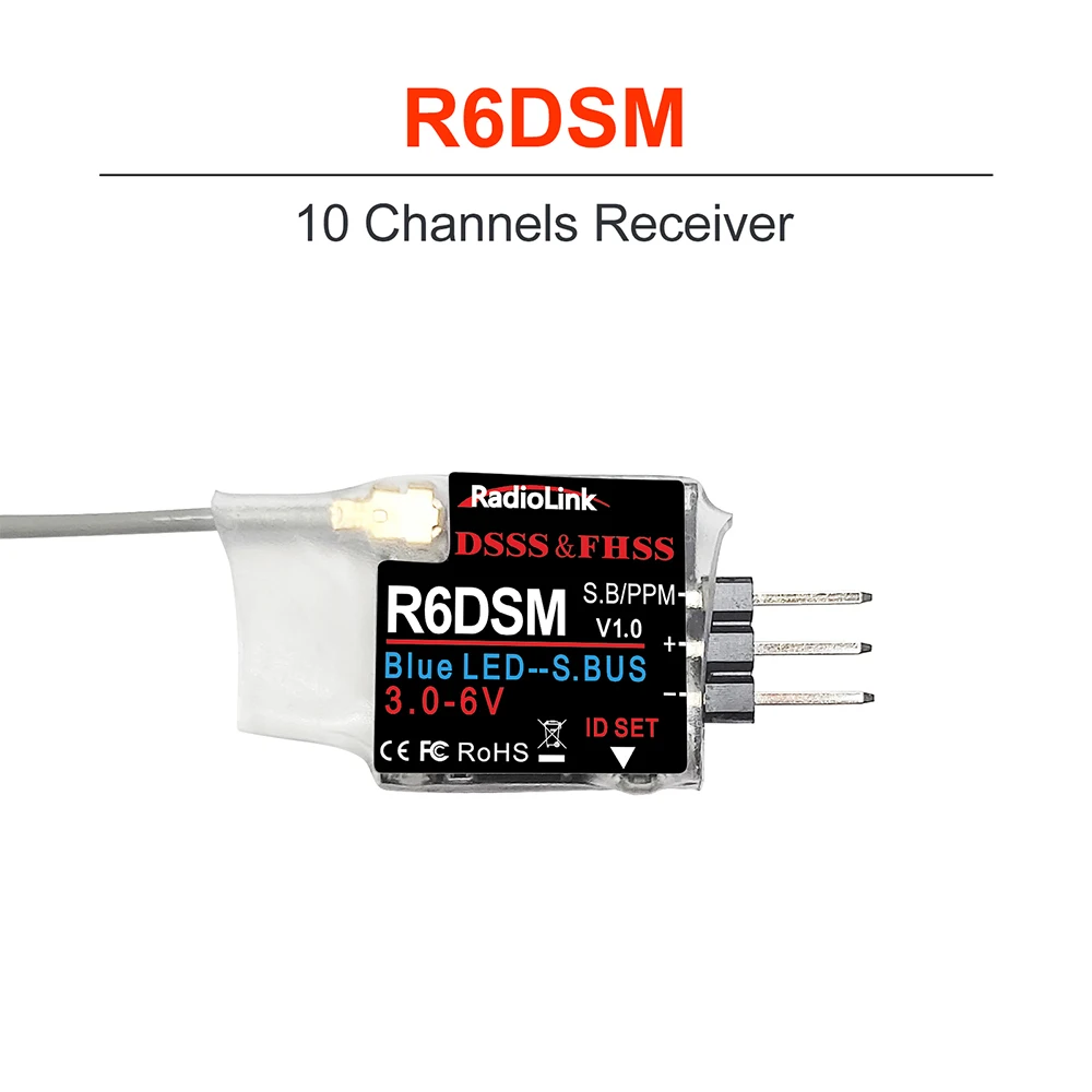 Récepteur RadioLink R12DS pour émetteur RC, boîtier noir avec étiquette et connecteurs.