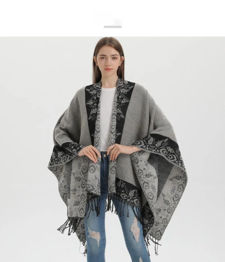 Split Shawl Cape Scarf Imitation Cashmere Warm Tassel Winter Wrap_voghion.com