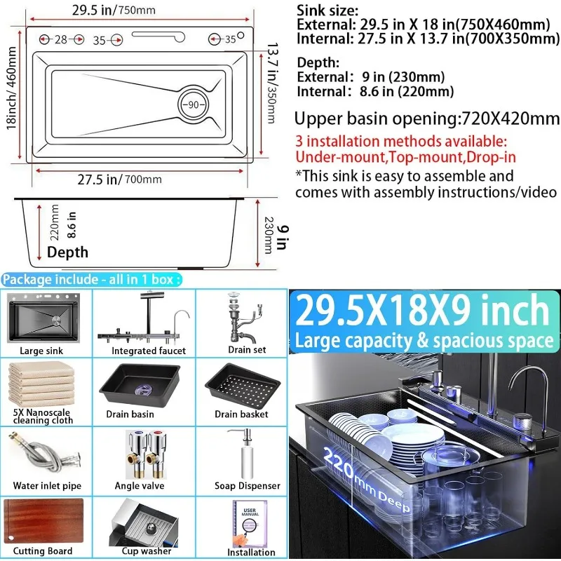 Kitchen Sink, Drop In Waterfall Sinks Workstation with Faucet Combo and Sink Cup Washer Stainless Steel Single Bowl Modern Smart 5