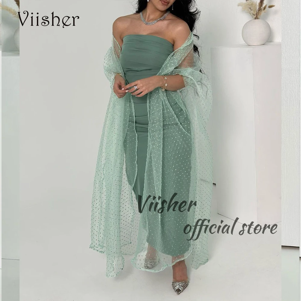

Viisher Green Satin Mermaid Evening Dresses with Jacket Strapless Prom Dress Arabian Dubai Formal Party Gown for Women
