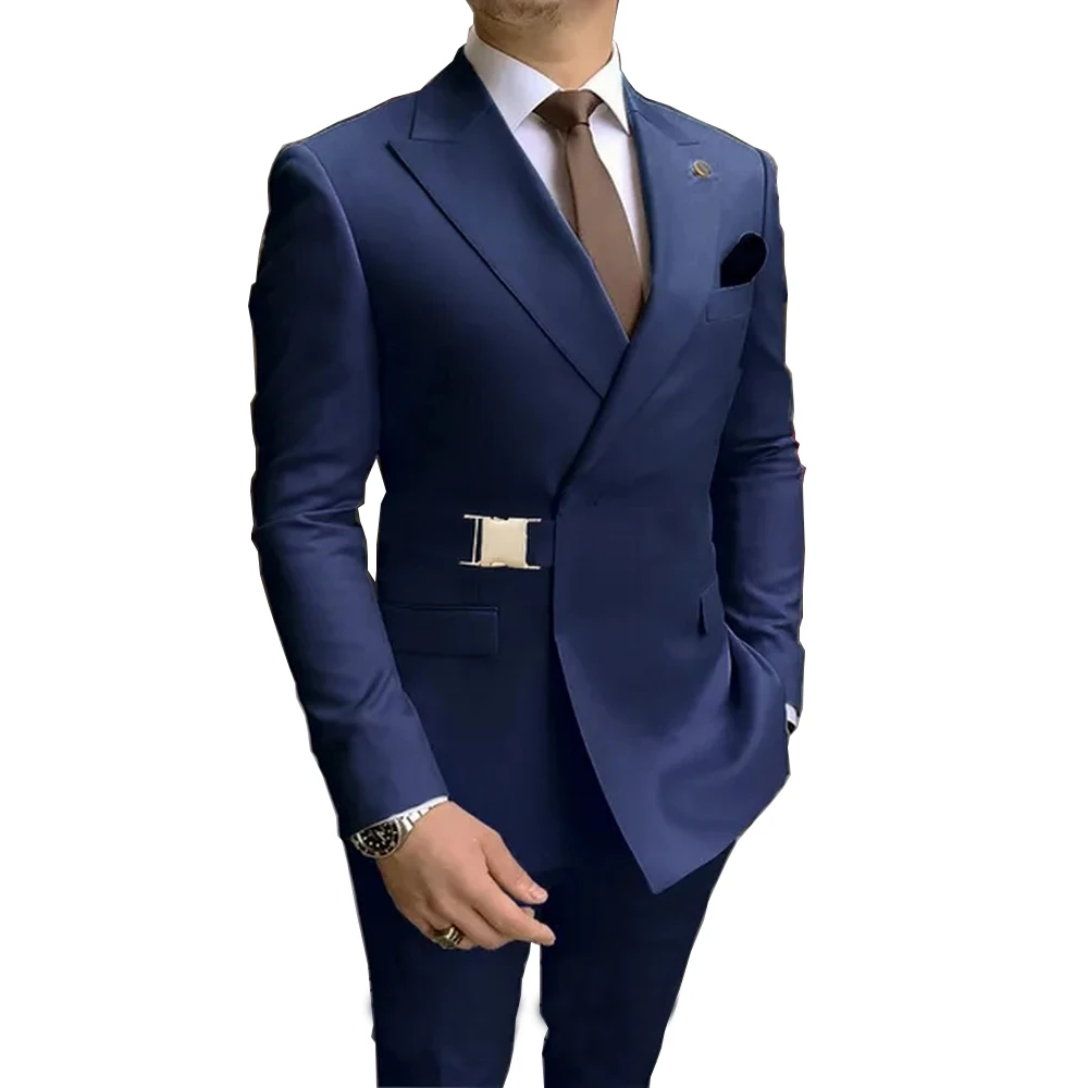 Navy Blue Double Breasted Men Suits Tuxedo Groom Wedding Costume Homme 2PCS Slim Fit Terno Masculino Blazer Jacket+Pant