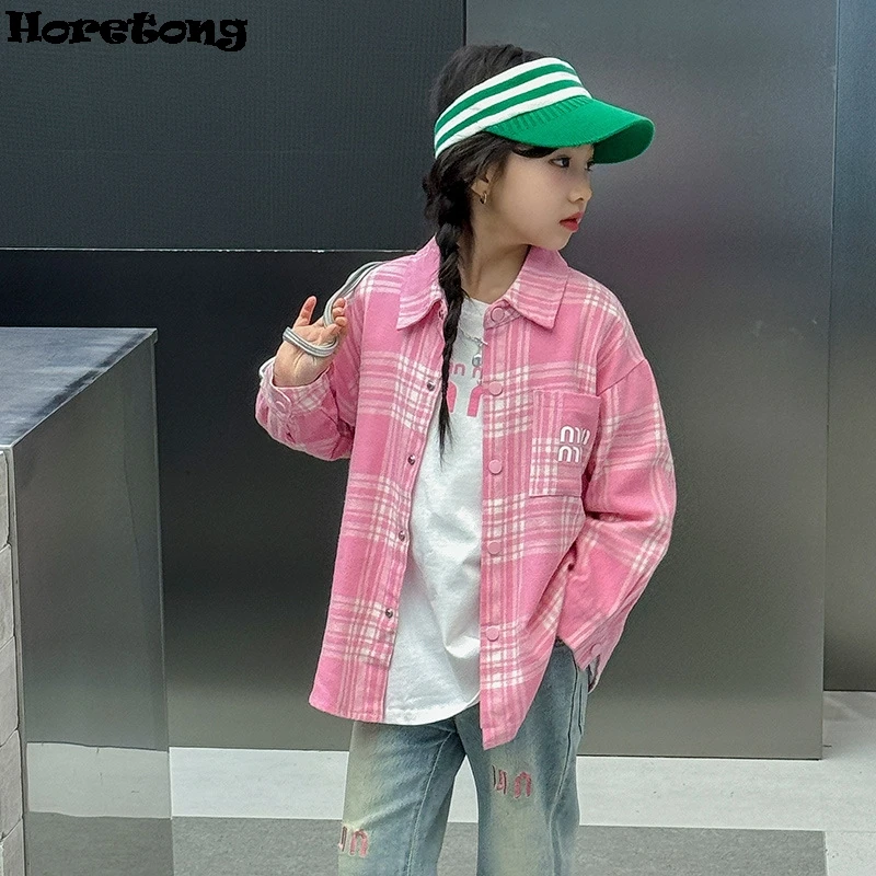 Horetong 여아용 체크 무늬 소프트 코튼 셔츠, 긴팔 탑 코트, 트렌디 아동복, 한국 패션, 2024 용수철 가을 핑크
