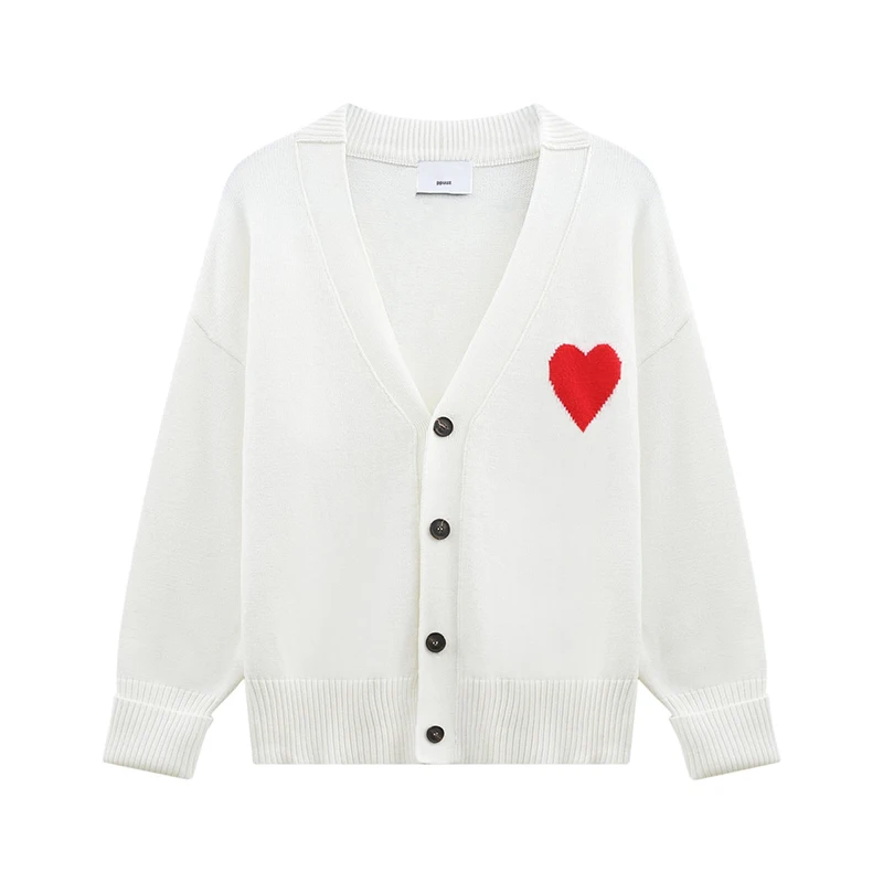

Autumn Women's Cardigan Sweater V-neck 2024 New Spring Long Sleeve Tops Y2k Female Casual Red Heart-shaped Print Men's Sweater