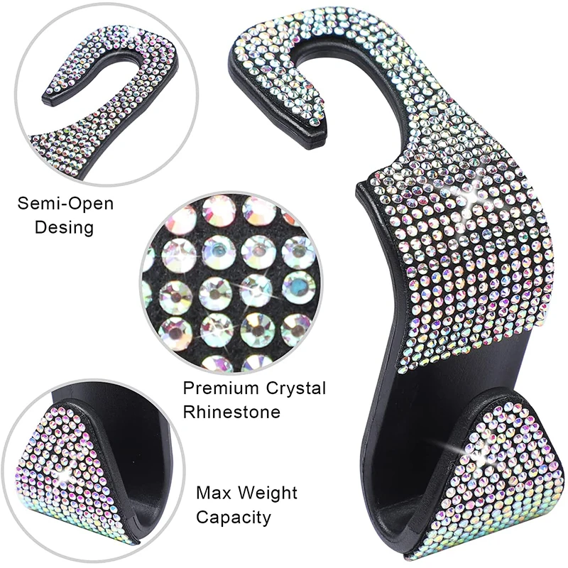 4PCS Bling Car Seat Hooks - Rhinestone Headrest Hangers For Purse, Bags & More (Green)