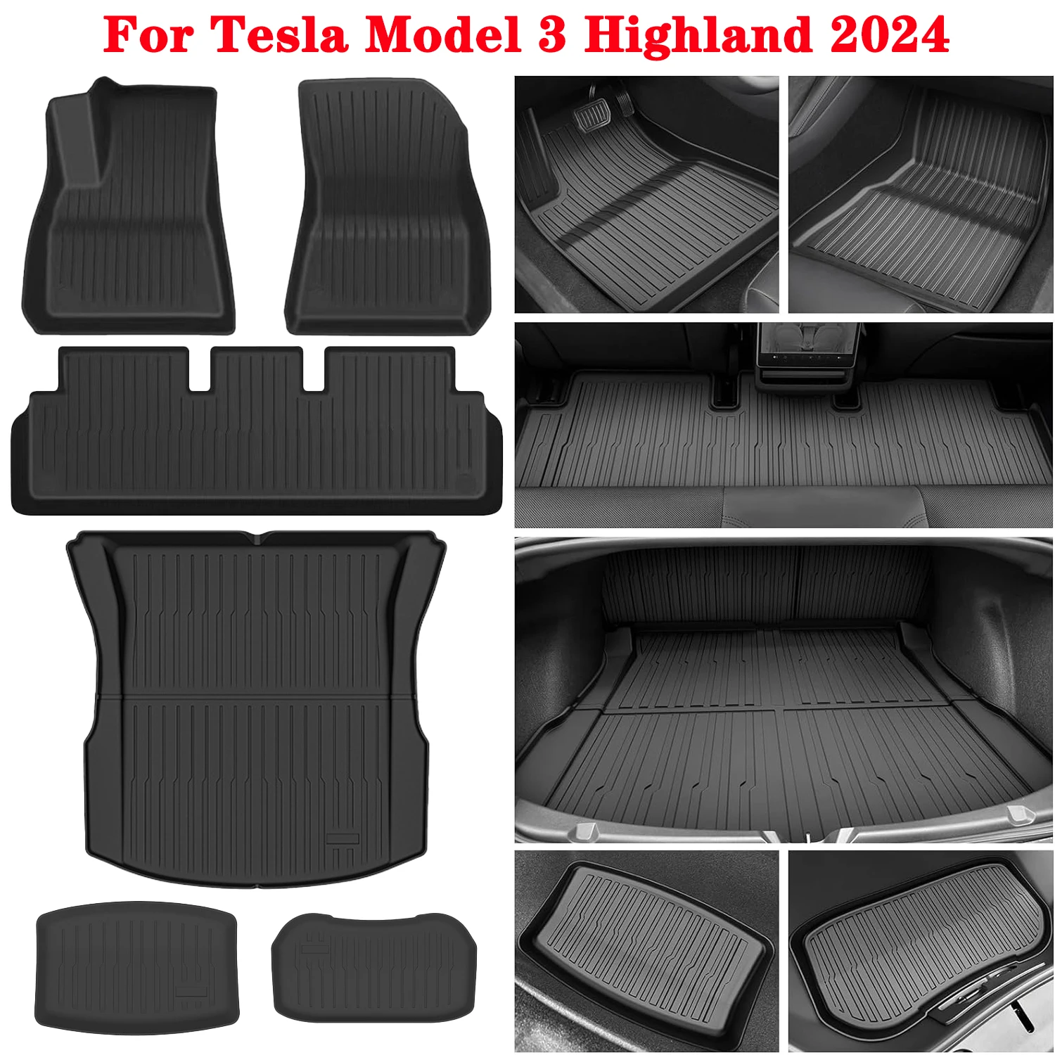 

For New Tesla Model 3 Highland 2024 TPE Floor Mats, All Weather Waterproof Anti-Slip Front Rear TPE Cargo Liner Trunk Mat