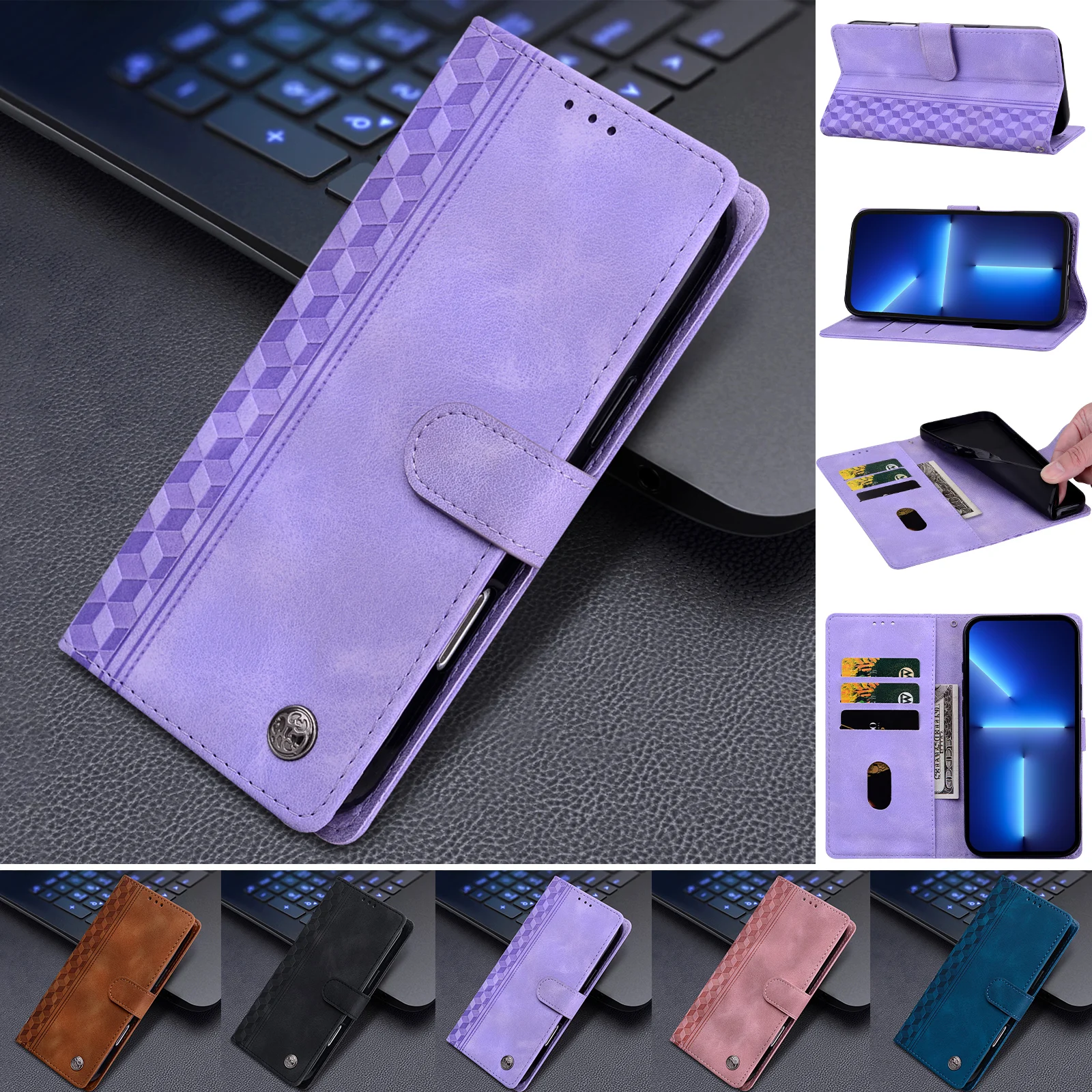 Embossed Solid Color Magnetic Flap Leather Wallet Case