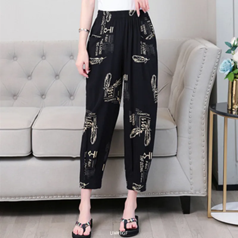 UHYTGF 2022 Cotton Silk Summer Pants Women Printed Elastic High Waist Casual Female Thin Trousers Mom Big Size Sports Pants 1777