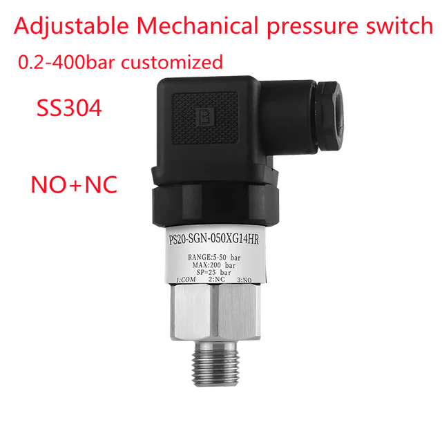 20-200bar สวิตช์ความดันเชิงกลแบบมาตรฐานไดอะแฟรมสแตนเลสไดอะแฟรมควบคุมแรงดันน้ำลูกสูบปรับได้ 1