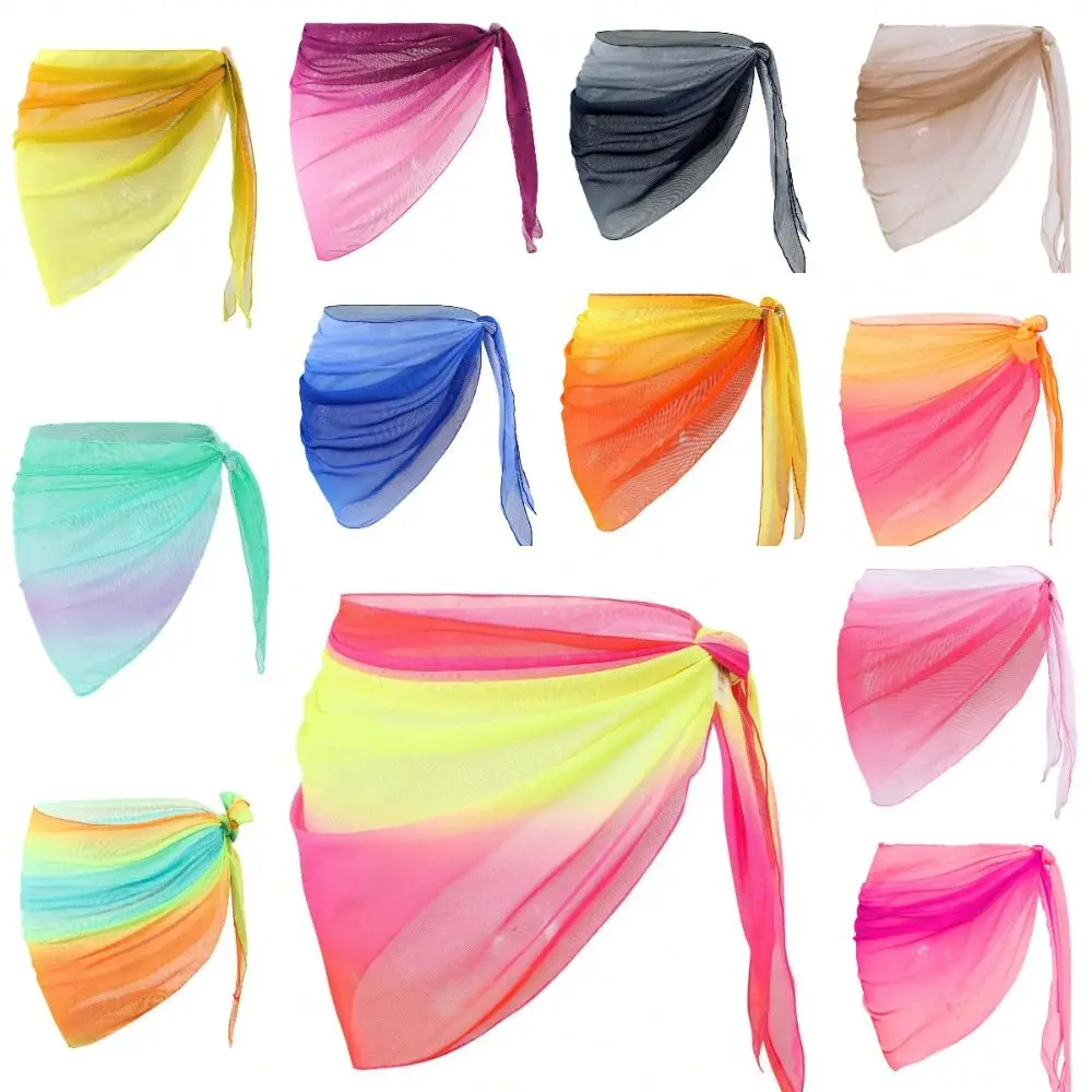 Short Skirt Chiffon Material Beach Dress UPF Protection Sheer Fabric Sarongs Gradient Color Short Length Bikini Wrap Beach Wear 1