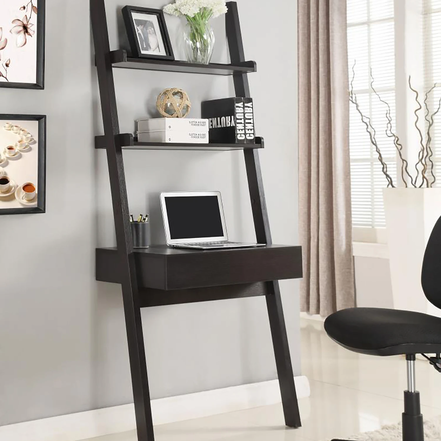 

Stylish Cappuccino Leaning Ladder Wall Desk with Modern Design perfect for Small Spaces and Home Offices desk