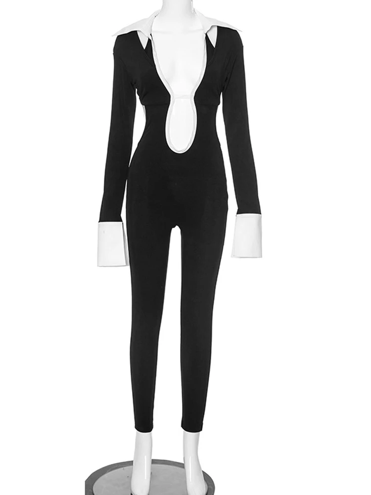 Kricesseen Women\'s Cut-Out Black Tie Back Runway Romper Fashion Women\'s Fitted Business Jumpsuits Overalls Night Club Outfits