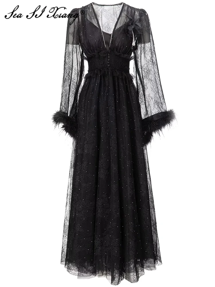 

Seasixiang Fashion Designer Autumn Lace Long Dress Women V-Neck Feathers Flare Sleeve Crystal Beading Vintage Party Dresses