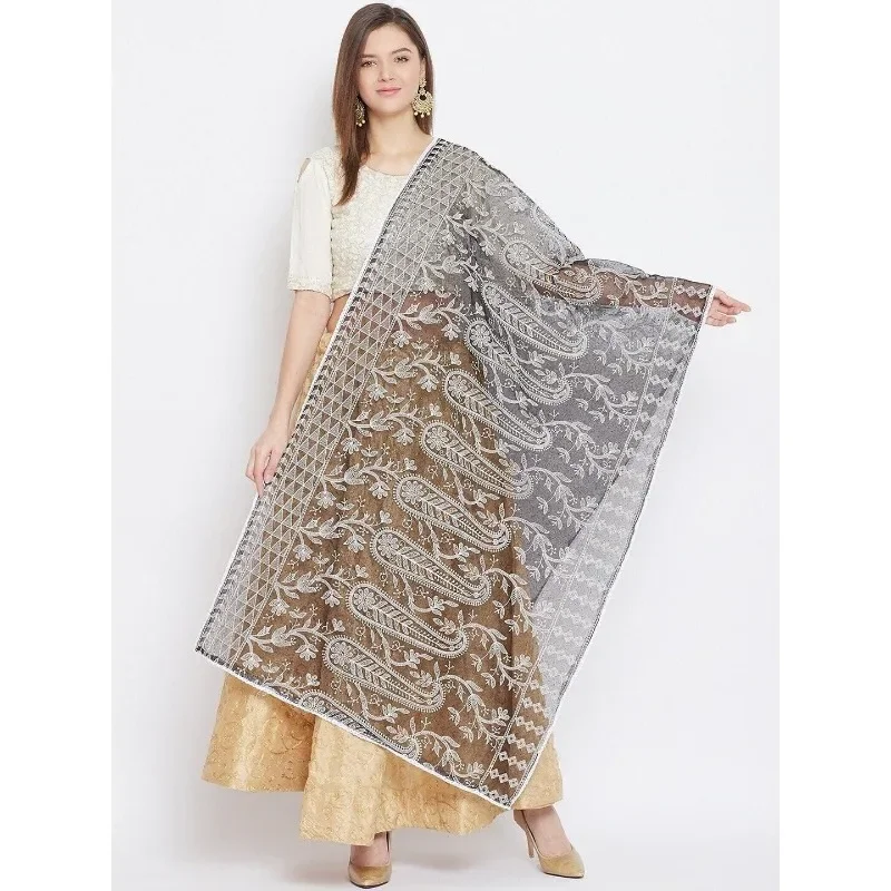 

Women Cotton Blend Black White Embroidered Dupatta