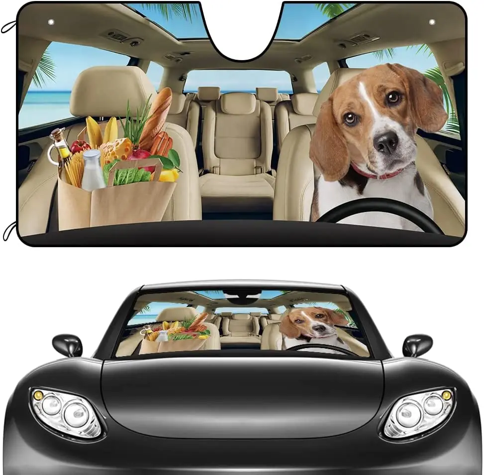 

CafeTime Dogs Car Windshield Sunshade Beagle in The Beach Vegetable Decor Vehicle Front Windshield Sun Shade Visor UV Ray Reflec