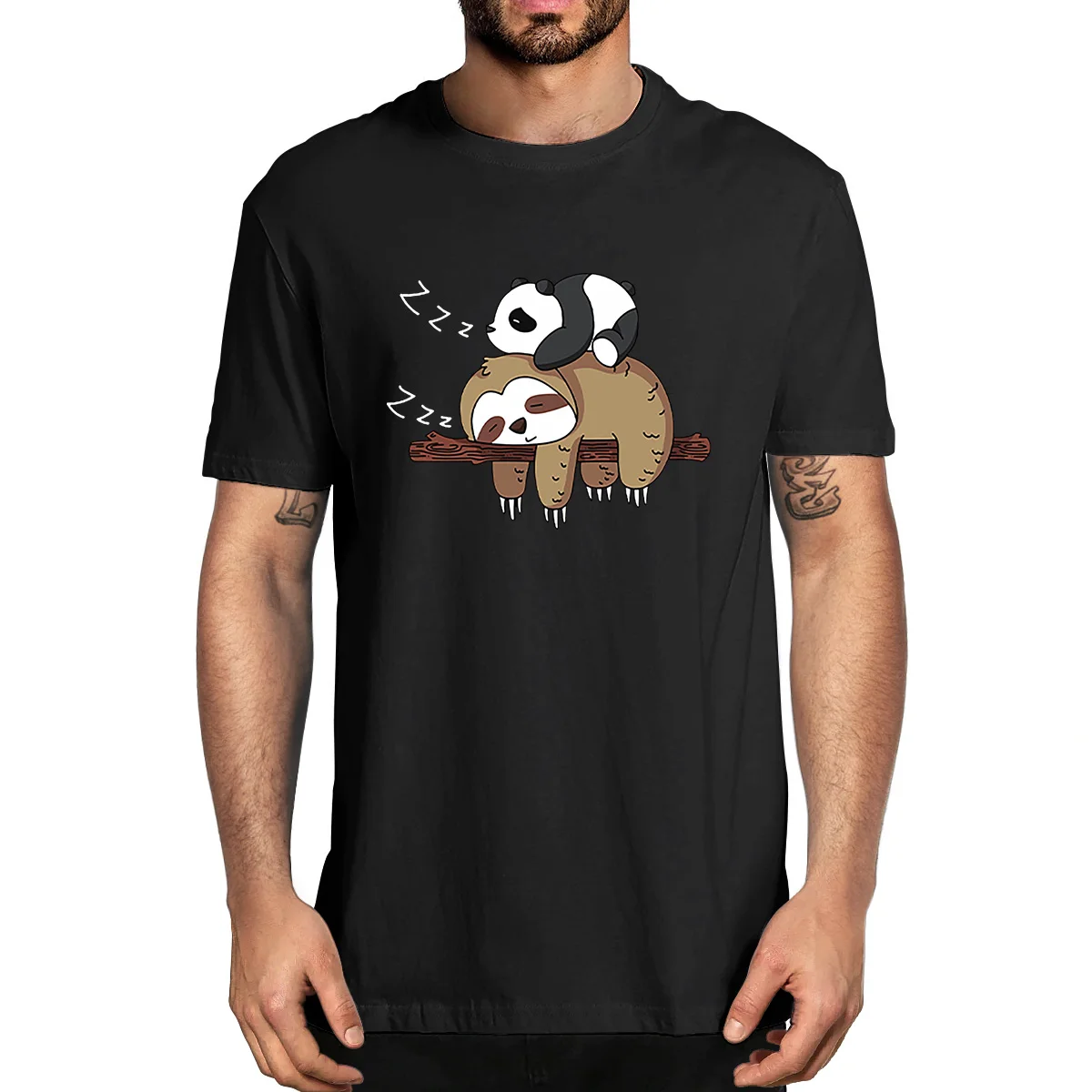 

100% Cotton Panda Lying On A Sloth Sleep Cute Printed Summer Women's Novelty T-Shirt EU Size Streetwear High Quality Soft Tee
