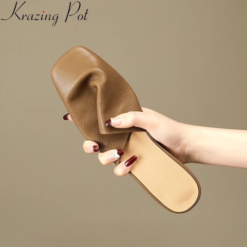 

Krazing Pot Brand Soft Cow Leather Square Toe Lazy Low Heels Summer Shoes Casual Solid Slip on Slingback Women Outside Slipper