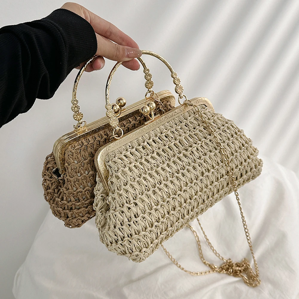 Woven Straw Chain Clutch Bag for Women Summer Party