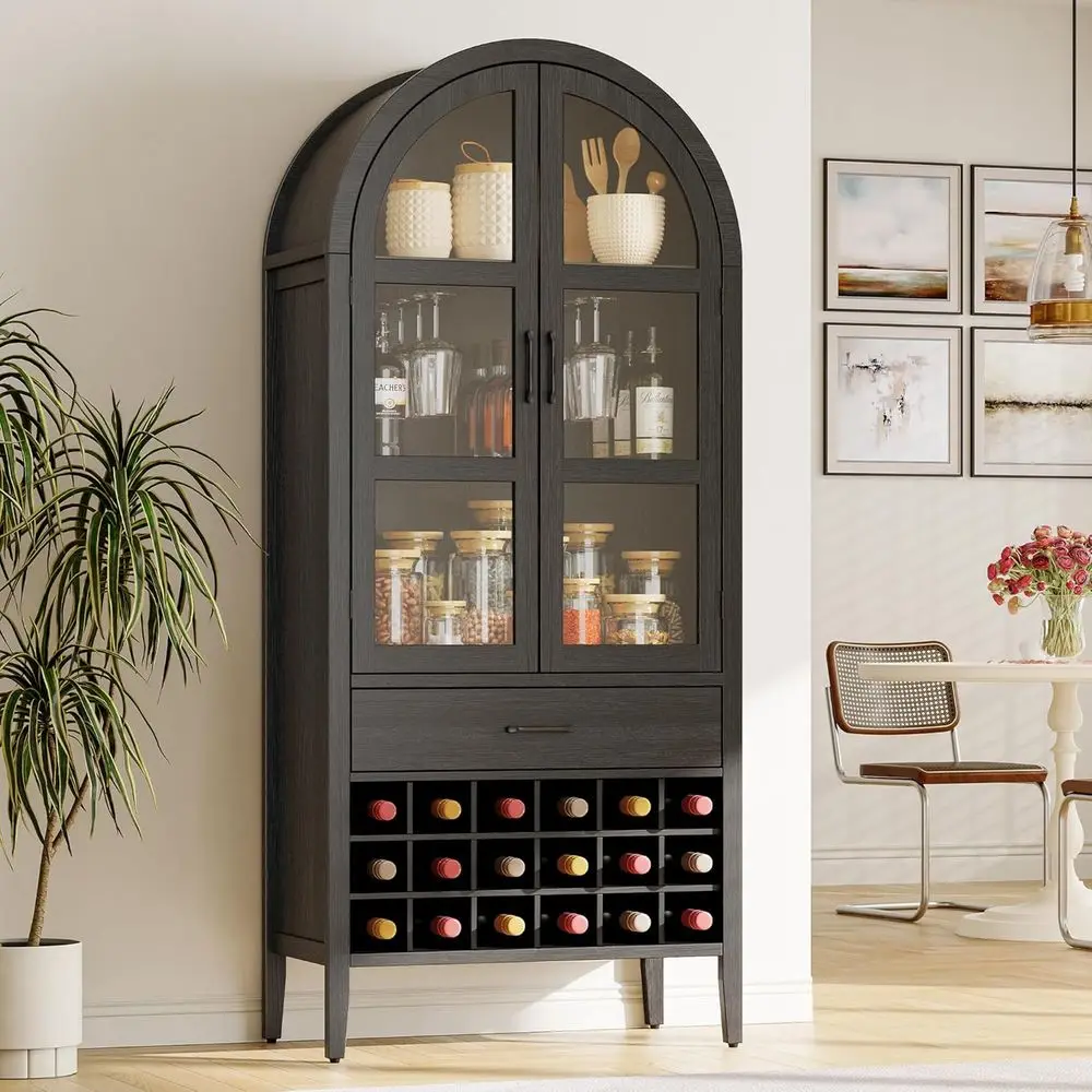 Tall Arched Wine Bar Cabinet with Storage, Bar Cabinet with Doors and Shelves, Liquor or Home, Kitchen Pantry or Dining