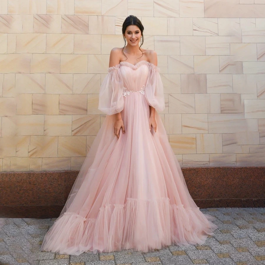 cute prom dresses Puffy Long Sleeve Prom Dresses 2022 Sweetheart Appliques Pleat Ruched Tulle Floor Length Party Evening Gowns A-Line Sweep Train rose gold prom dress