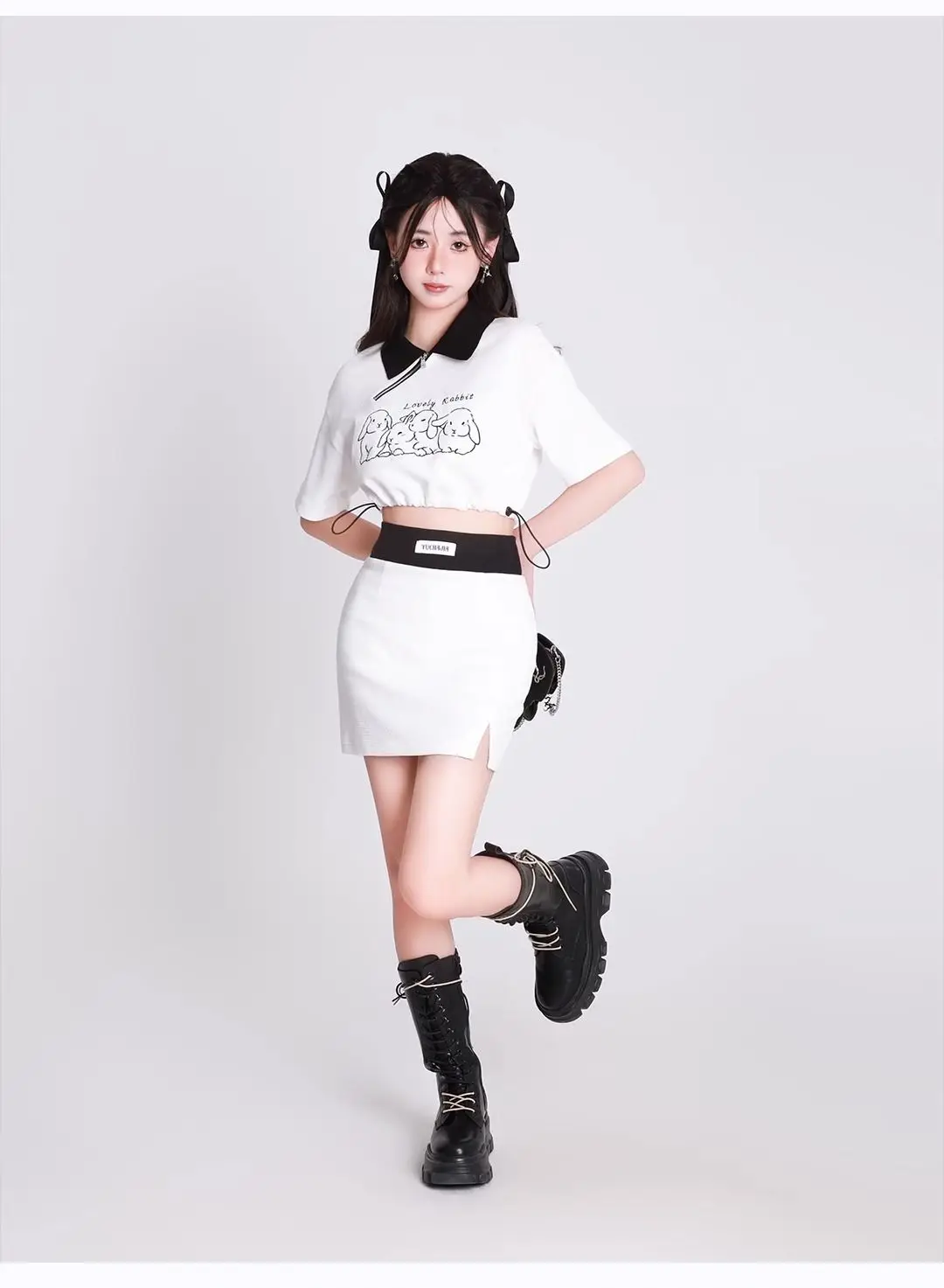 JK Skirt Suit Slim A-LINE Mini Skirts Sports Casual 2 Piece Set Women Clothes Autumn All Seasons Rabbit Pattern