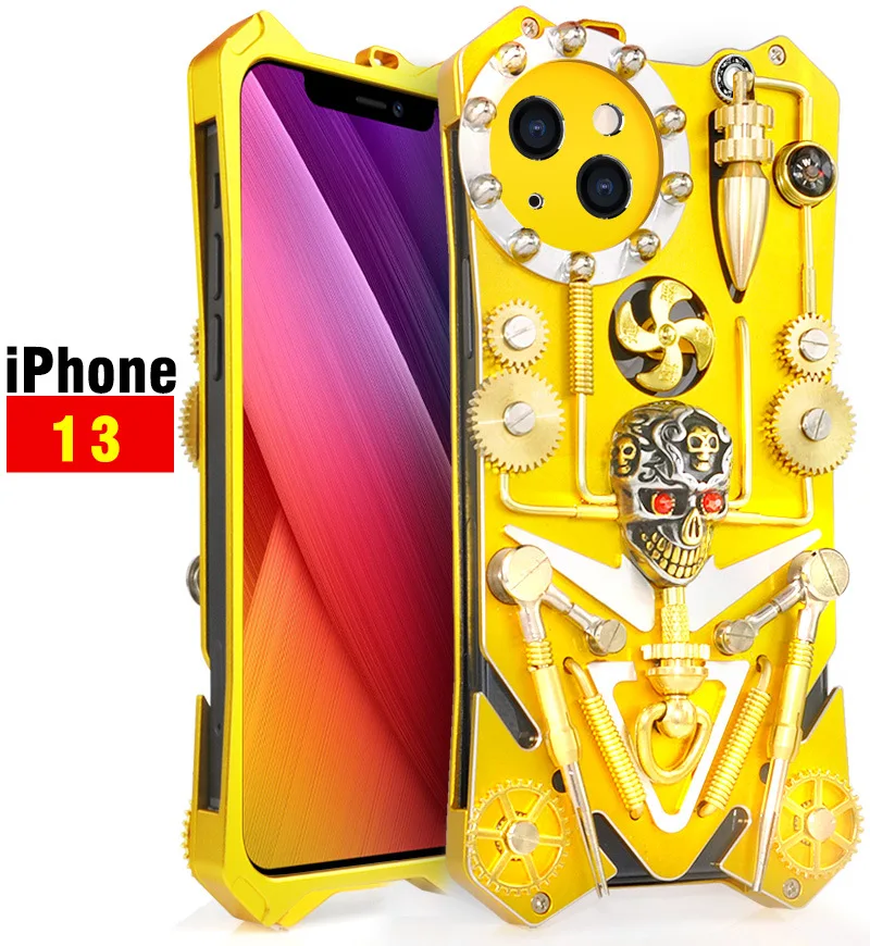 Original Luxury Armor Metal Aluminum Phone Case For Iphone 13 12 11 Pro Max 8 7 Se Cover Mechanical Purely Handmade Skull Shell