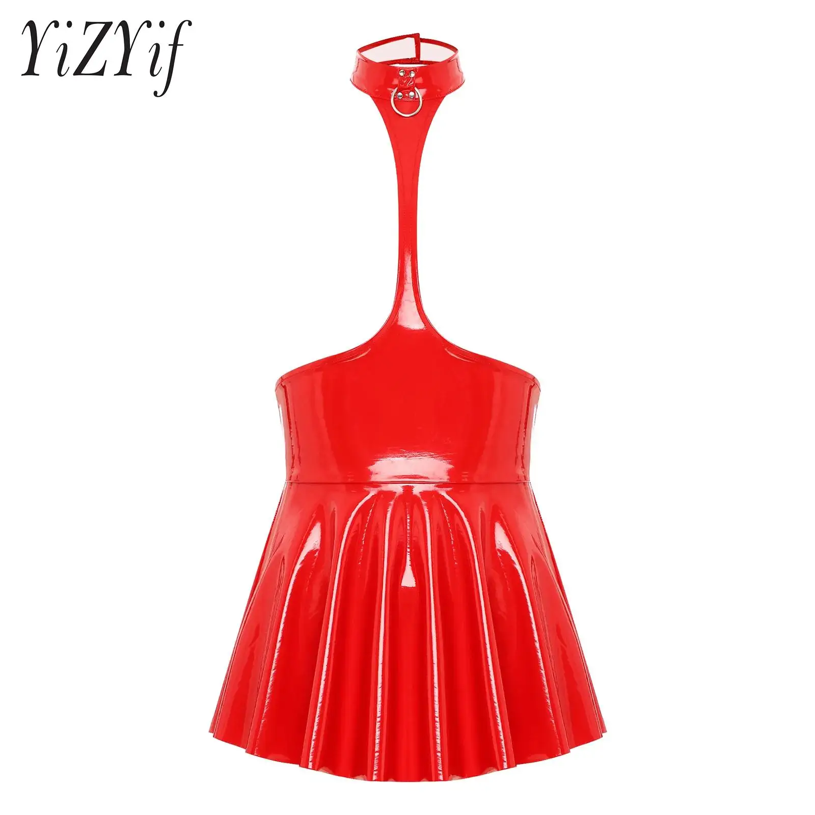 

Women Wet Look Open Chest Dress Patent Leather Halter Ruffled Backless Dress Exotic Lingerie Nightwear for Club Performance