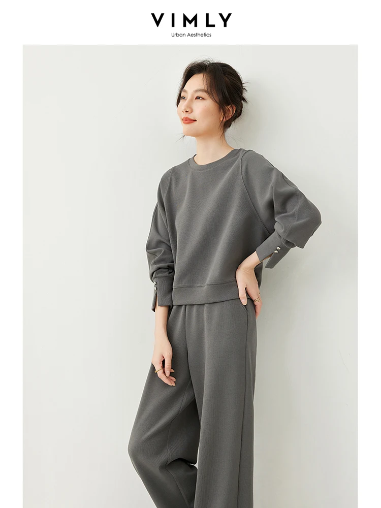 VIMLY Women Casual Round Neck Sweater 2024 Spring/Autumn Office Lady Loose Pullover Top Trousers And Long Pants Sets M5851