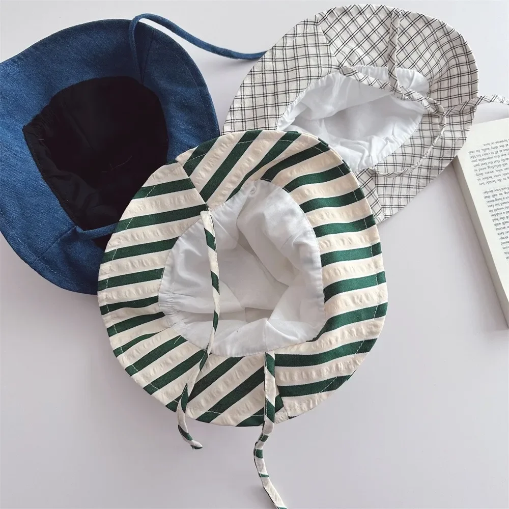 New Boy Children Striped Lacing Fisherman's Cap Girl Baby Solid Casual Sunscreen Hat Infant Cotton Caps Kid Windproof Basin Hats 4
