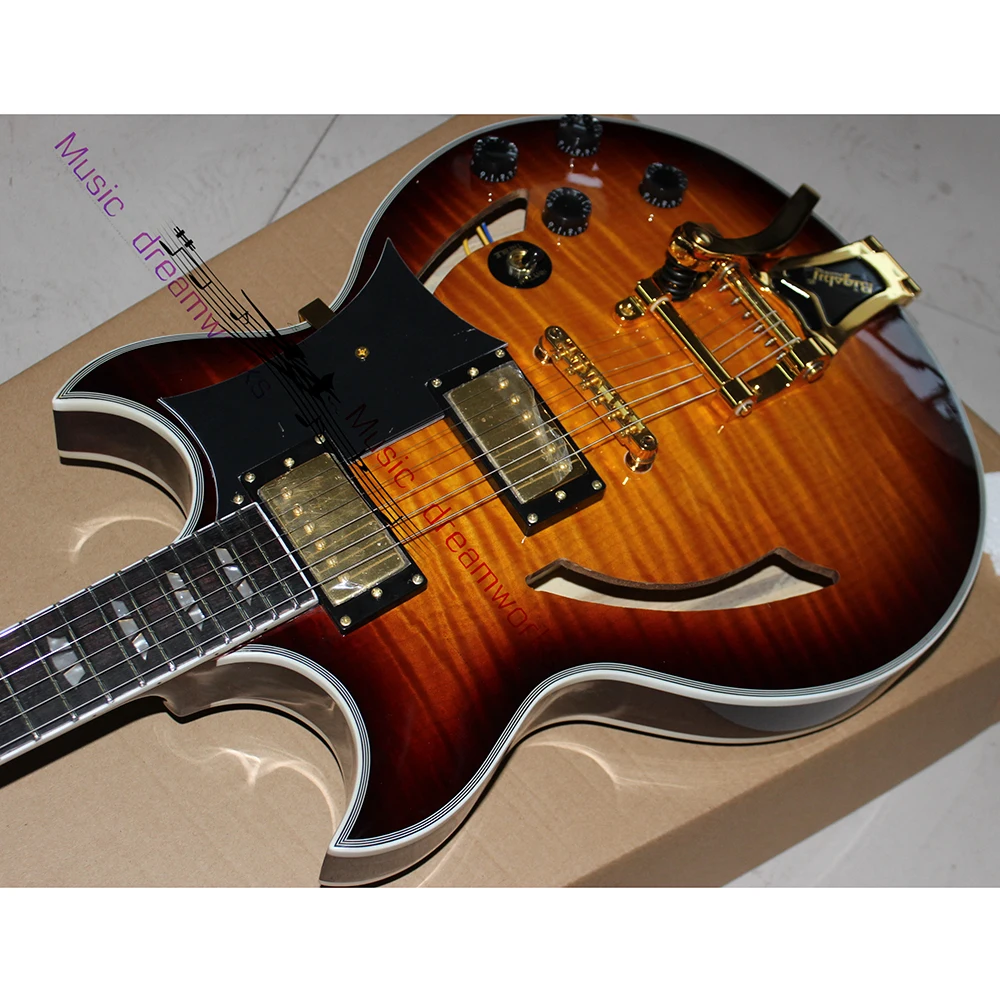 Semi hollow and double holes and sharp corner Jazz Electric Guitar OEM