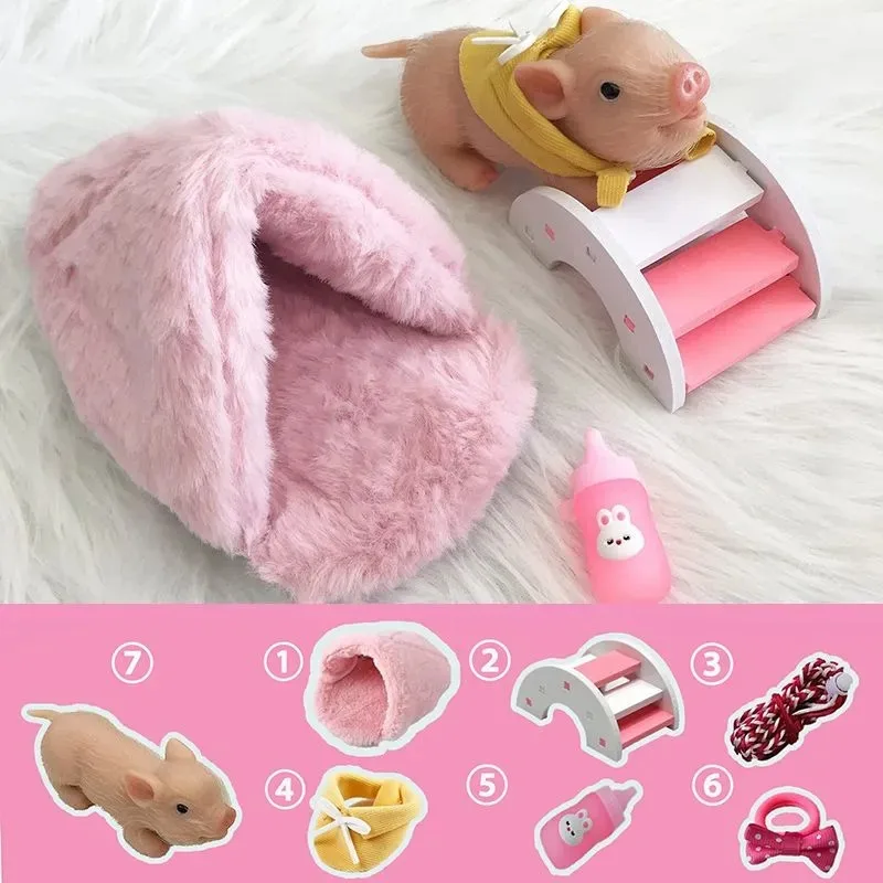 5 Inch Silicone Piglet Soft Cute Mini Realistic Animals with Accessories Lifelike Reborn Newborn Pig Doll Decompression Toy Gift