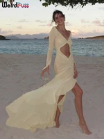 Weird Puss Sexy Sheer Women Dress Elegant Hollow V-Neck Splits Long Sleeves Ruffles Lace Ruched Bodycon Beach Vacation Clubwear - Image 2
