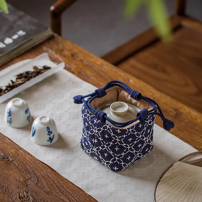 Vintage Chinese Style Stitched Tea Cup Pouch - Thickened Cotton Linen Travel Tea Set Bag for Zisha Teapot, Portable Storage Case