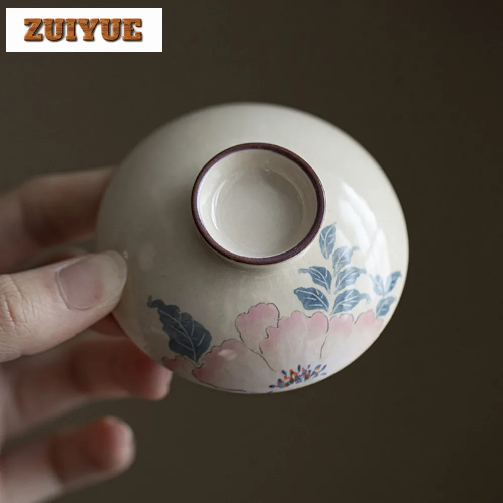 118ml Pure Hand-painted Peony Gaiwan Ancient Rough Pottery Powder Yin Tea Tureen Tea Maker Cover Bowl Chinese Set Decoration