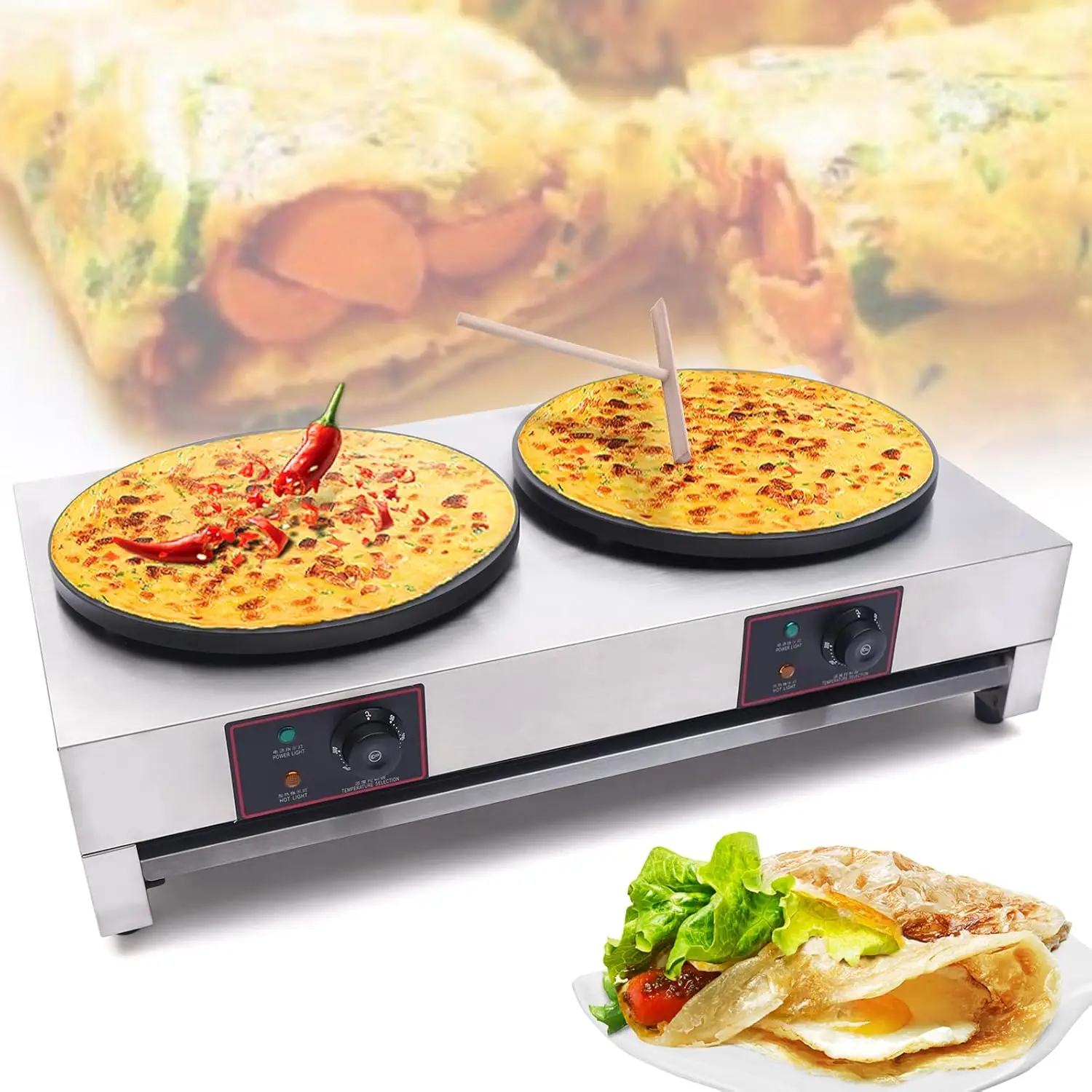 Commercial Electric Crepe Maker Double Hotplate Pancake Machine, Non-Stick Electric Crepe Pan w/Temperature Control, for Blintze 2