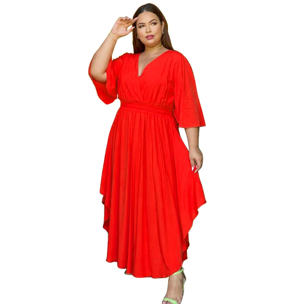 FS Solid V Neck Trumpet Half Sleeve Oversized Dress Hight Waist Plus Size Women Pleated Dresses Womens Spring Wear 2022