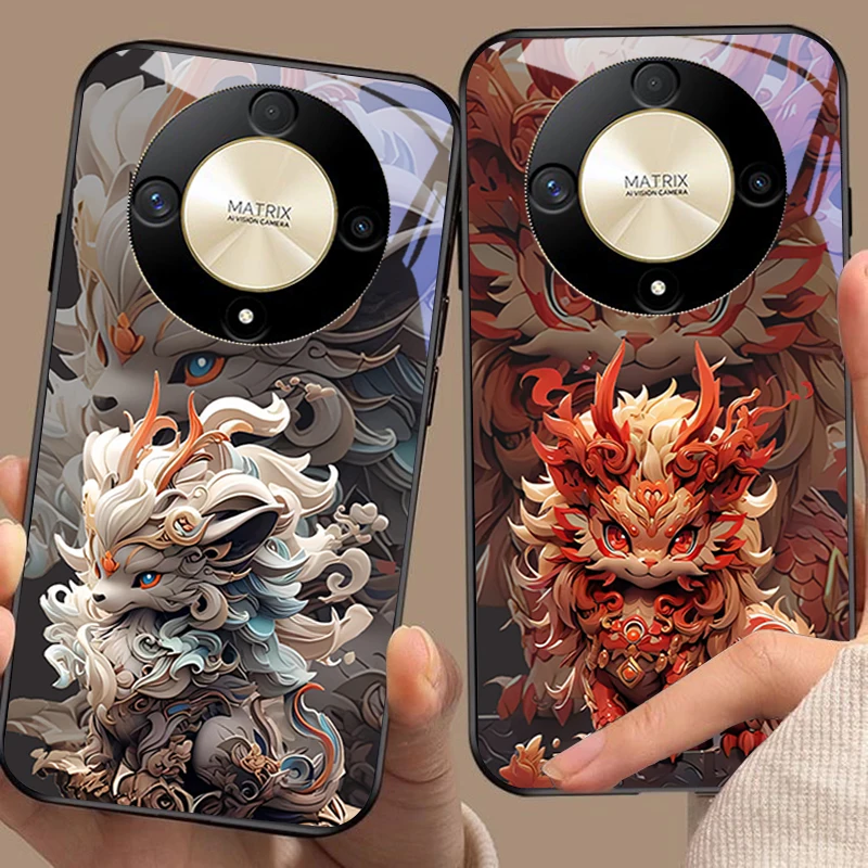 Chinese Style Lion Design Tempered Glass Phone Case