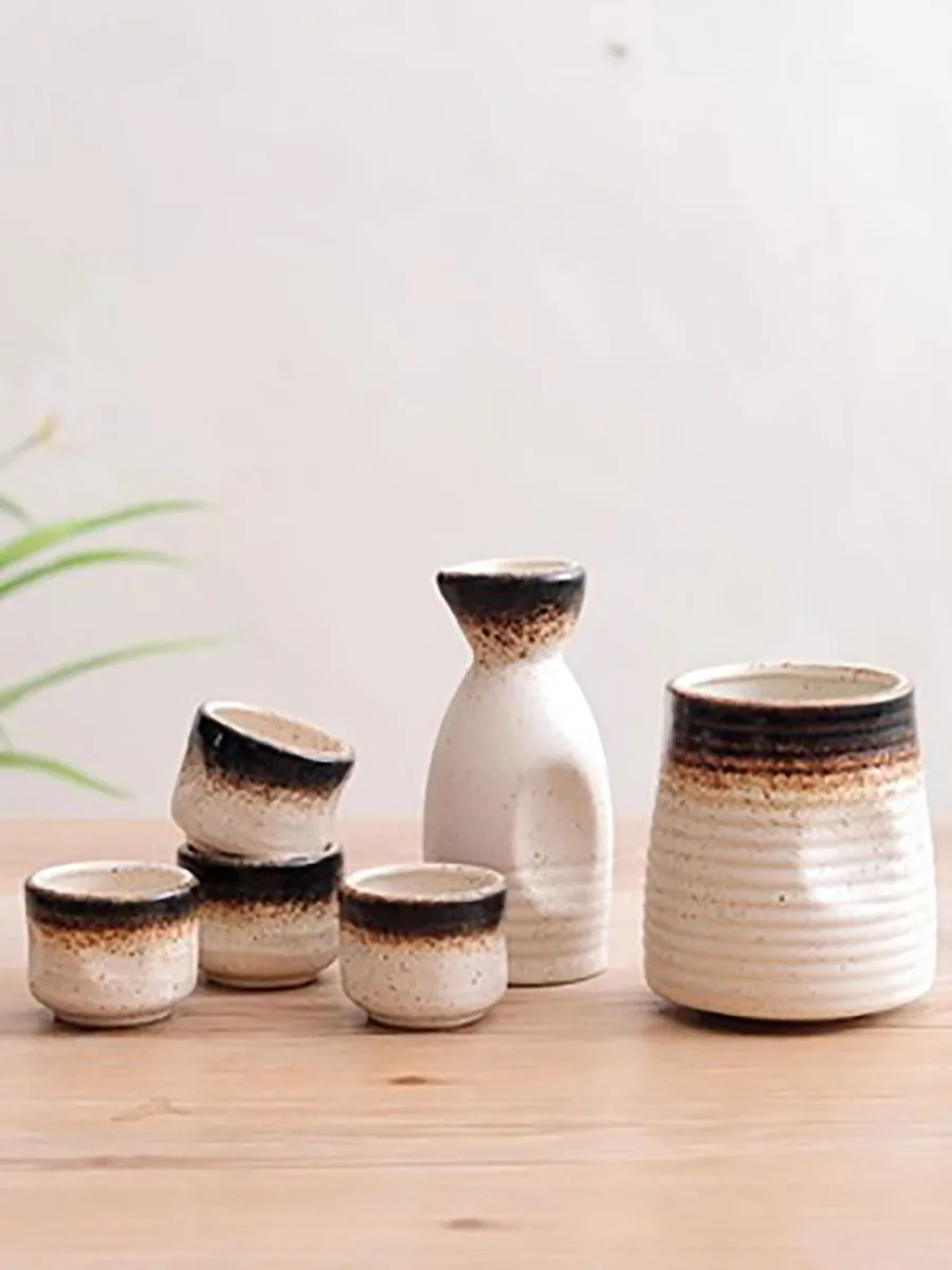 Japanese Style Ceramic Sake Wine Set, Wine Warmer, Rice Wine Bottle, White Glass Dispenser, Shot Glasses Set