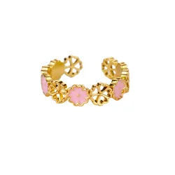 Elegant Gold - Tone Stainless Steel Flower Ring - Aesthetic Pink Floral Design for Weddings and Fashionable Gifts (JZ8098G)