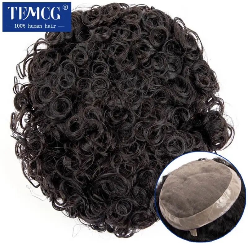 

20mm Curly Hairpiece Fine Mono Male Hair Prosthesis Men Toupee 100% Indian Human Hair 7" Male Wig Exhuast Systems Men Wig