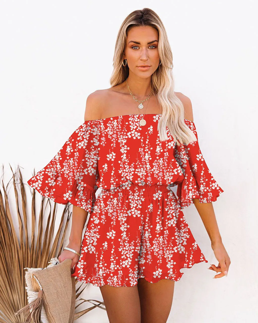 Sexy Slant Neck Off Shoulder Rompers Seaside Holiday Print Mini Jumpsuit Summer Flared Half Sleeve Waisted Shorts Playsuits 2023