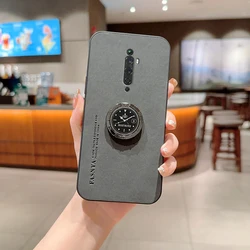 Luxury Sheepskin Matte Leather Phone Case with Ring Holder - Slim Back Cover for Reno 2Z (Black)