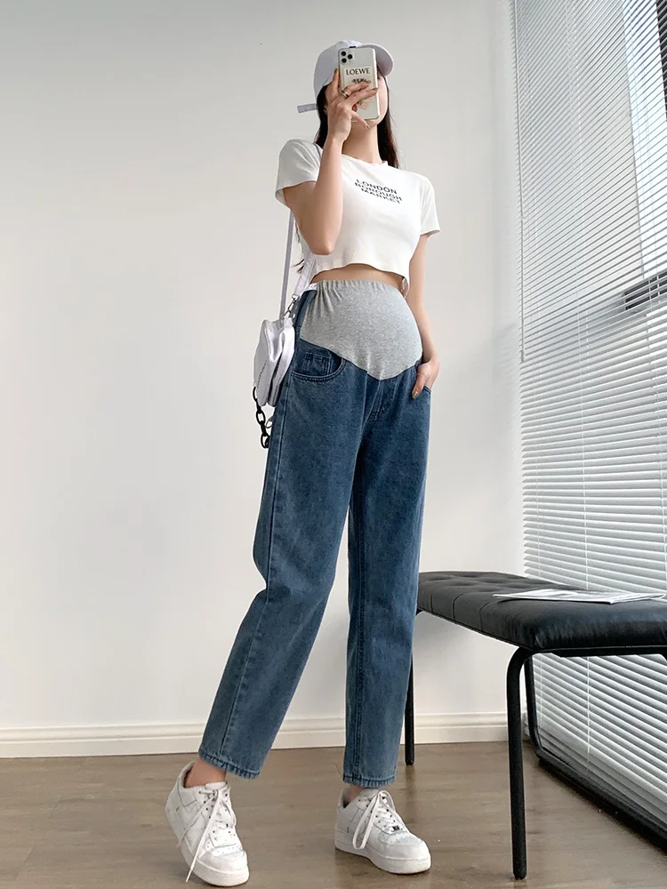 조절 가능한 신축성 임부용 청바지 아빠 바지 봄 가을 데님 트렌디 맘 캐주얼 롱 배 받침 풀 사이즈