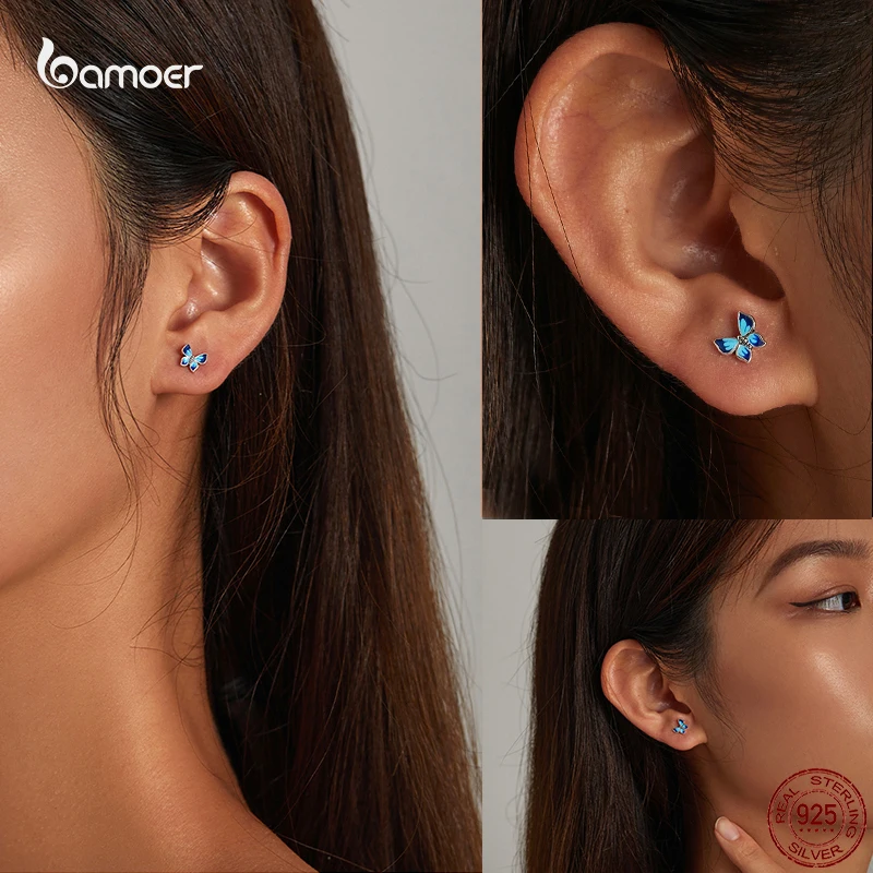 Bamoer 100% 새로운 블루 핑크 나비 꽃 스터드 귀걸이 소녀 곤충 귀걸이 파인 웨딩 쥬얼리 선물