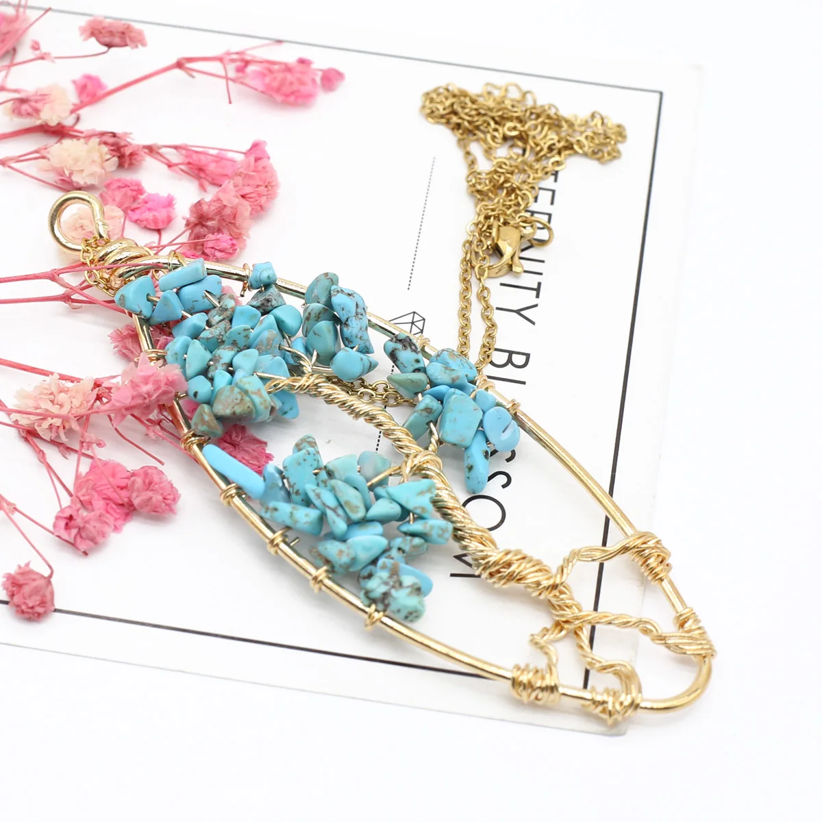 

Natural Stone Pendant Necklace Tree Of Life Gravel Winding Link Chains Crystals Charms Necklaces For Women Jewelry